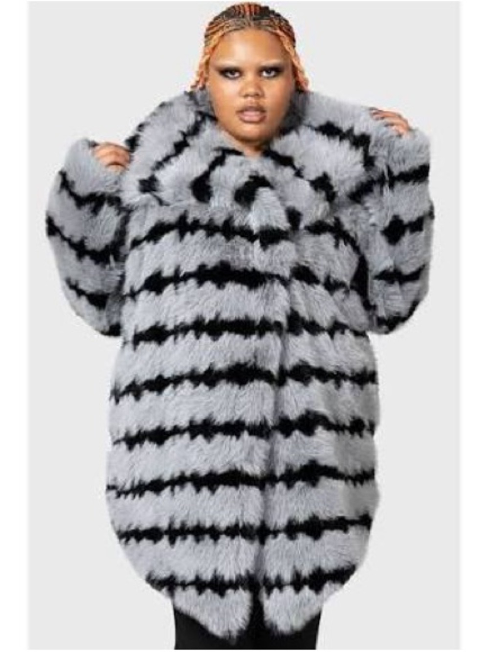 Killstar Highlands Hellstorm Faux Fur Teddy Coat in Light Gray and Black Stripe